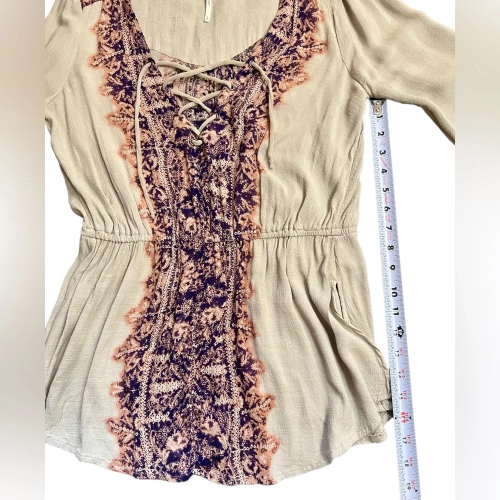 FREE PEOPLE boho style Tunic lace up blouse cream orange and purple | Size Small